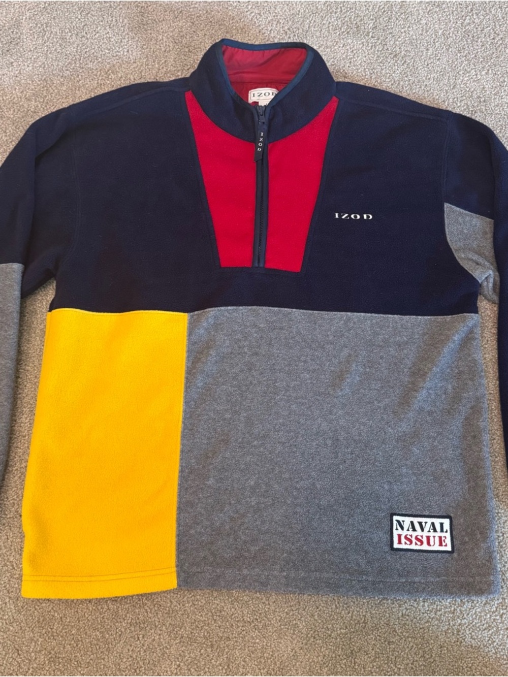 Vtg 90s Izod Quarter Zip Fleece Colorblock Sweater Naval Issue Mens Medium